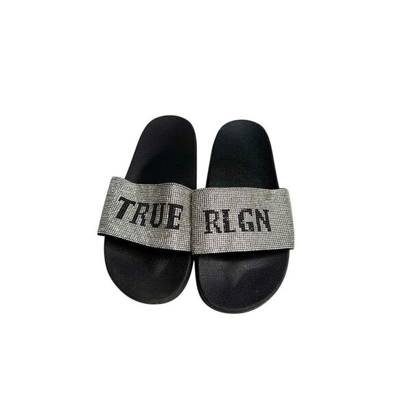 True Religion silver rhinestone Meyer logo slide slip on sandals size 11 - Picture 1 of 13